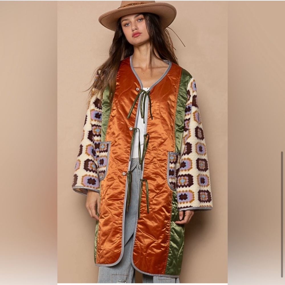 POL cardigan in quilted woven with textured knit patch point